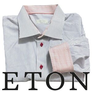 ETON White/Navy Pinstripe Red Accent Cotton Contemporary Fit Dress Shirt (18)